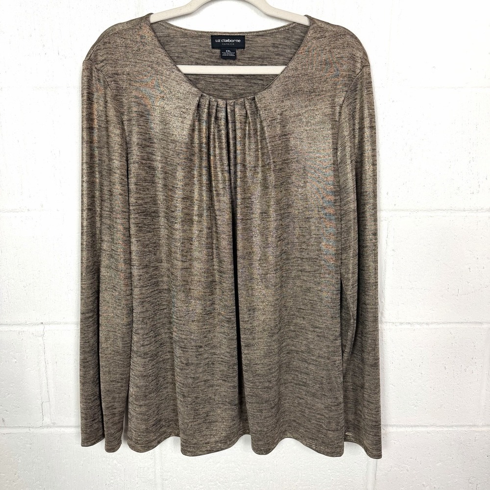 Liz Claiborne Career Tunic‎ Gold Shimmer Gathered Office Evening Glam Flowy XXL